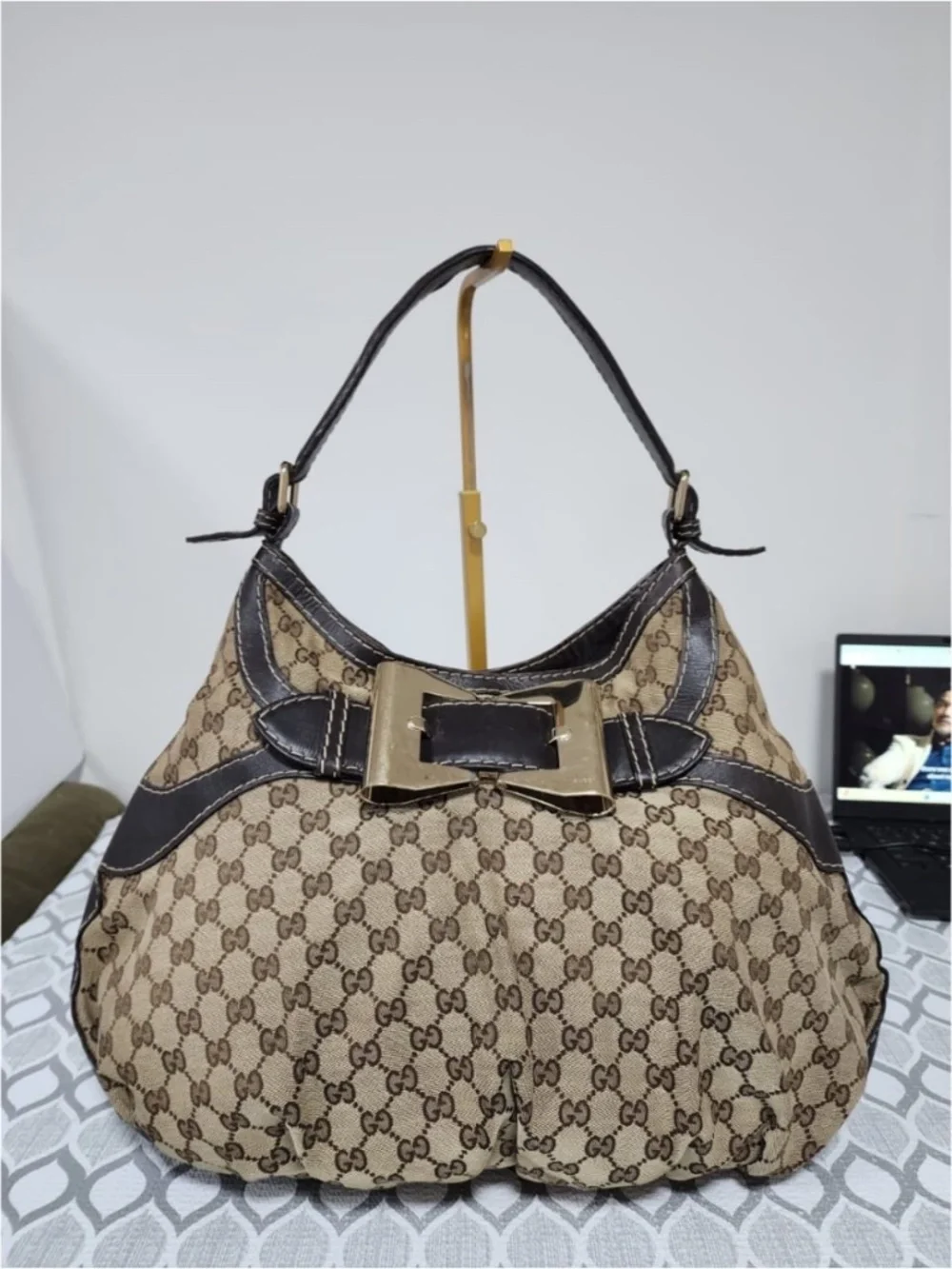 Authentic GUCCI GG Canvas And Leather Queen Large Hobo Bag Beige/Brown